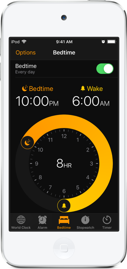 The Bedtime screen of the Clock app showing Bedtime set every day with a bedtime at 10:00 p.m. and wake time at 6:00 a.m.