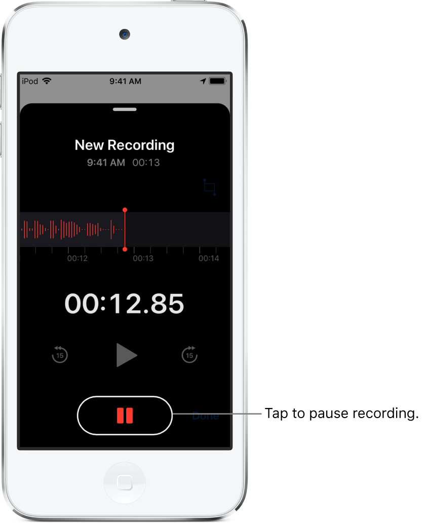 The Voice Memos screen showing a recording in progress, with an active Pause button and dimmed controls for playing, skipping forward 15 seconds, and skipping backward 15 seconds. The main part of the screen shows the waveform of the recording that’s in progress, along with a time indicator.