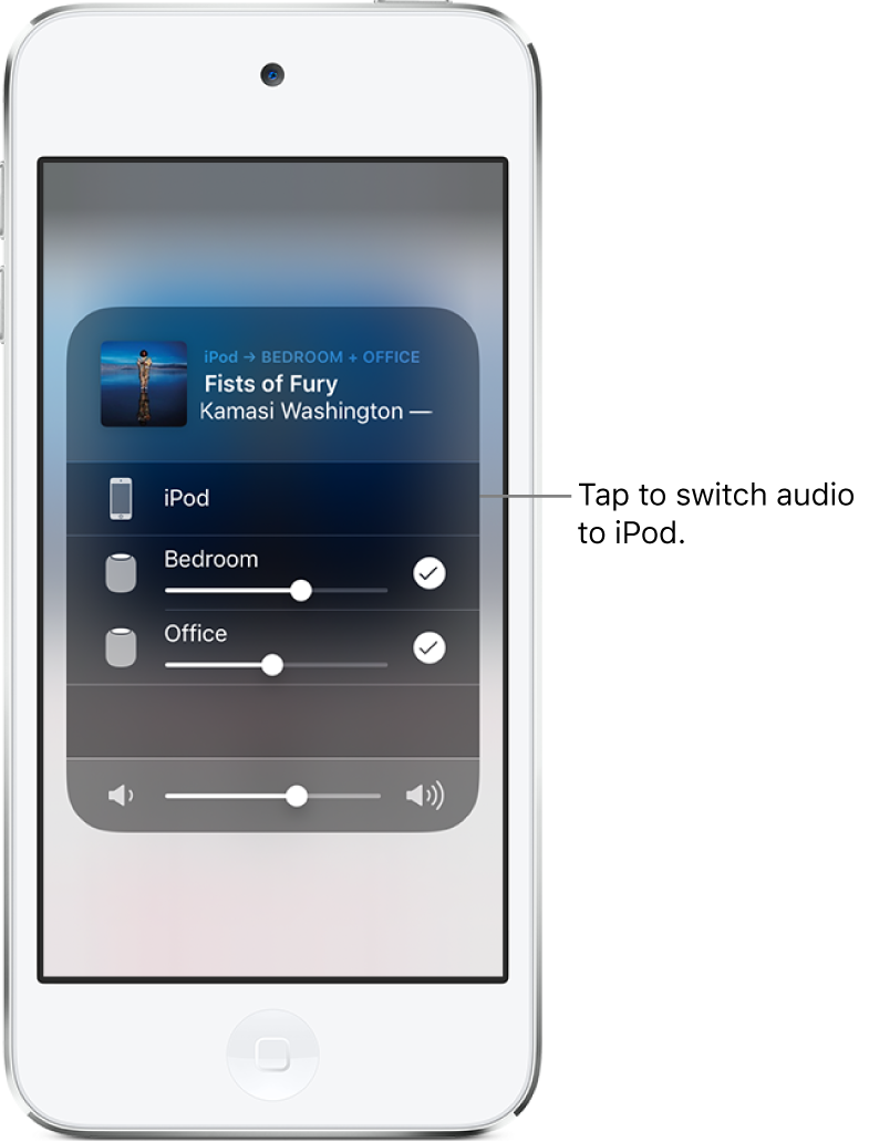 An AirPlay window is open and shows a song title and artist name at the top, with a volume slider at the bottom. The bedroom and office speakers are selected. A callout points to iPod touch and reads, “Tap to switch audio to iPod.”