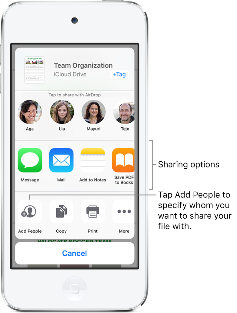 The File Share screen. At the top is the file selected to share. Below that are people you can share with using AirDrop. The next row shows sharing options, including Message, Mail, and Add to Notes. The bottom row has buttons for actions, including Add People, Copy, and Print.