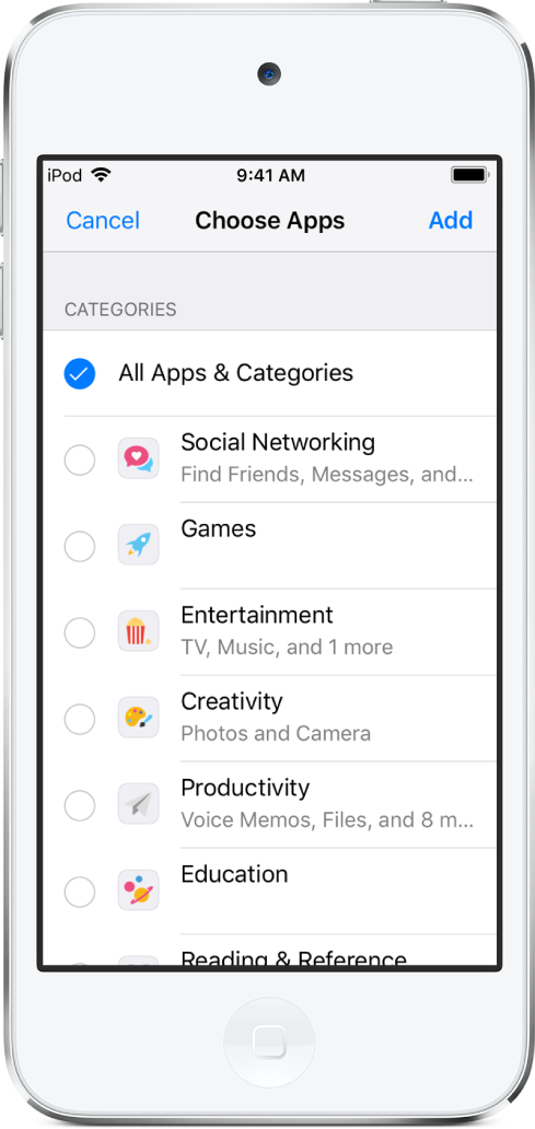 The App Limits screen in Screen Time with a list of app categories. The categories, listed from top to bottom, are: All Apps and Categories, Social Networking, Games, Entertainment, Creativity, Productivity, Education, and Reading and Reference. Next to each category is a circle to select the category and set a time limit.