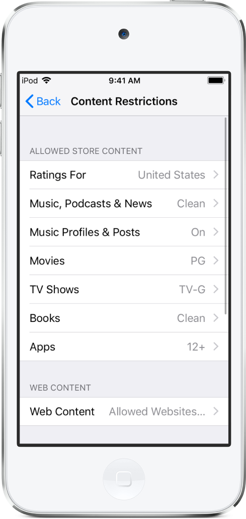 The Content Restrictions screen of Screen Time. The setting options are listed from top to bottom of the screen and show that the ratings are set for the United States. Music, Podcasts and News is set to clean, Movies is set to PG, TV Shows is set to TV-G, Books is set to Clean, and Apps is set to twelve plus.