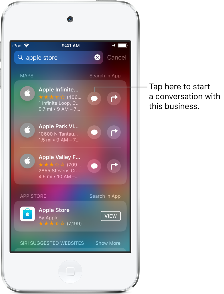 The Search screen showing found items for Apple Store in Maps, App Store, and Websites. Each item shows a brief description, rating, or address. The first item shows a button to tap to start a business chat with the Apple Store.