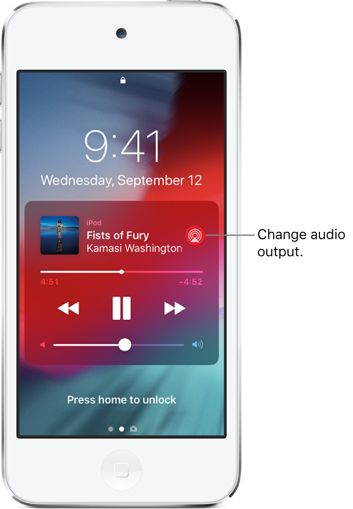 The Lock screen showing a song playing, audio playback controls, and the Playback Destination button.