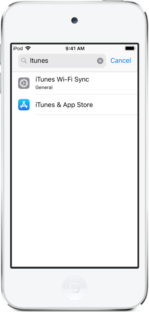 The screen for searching for settings, with the search field at the top of the screen. The search string “iTunes” is in the search field, and two found settings are in the list below.