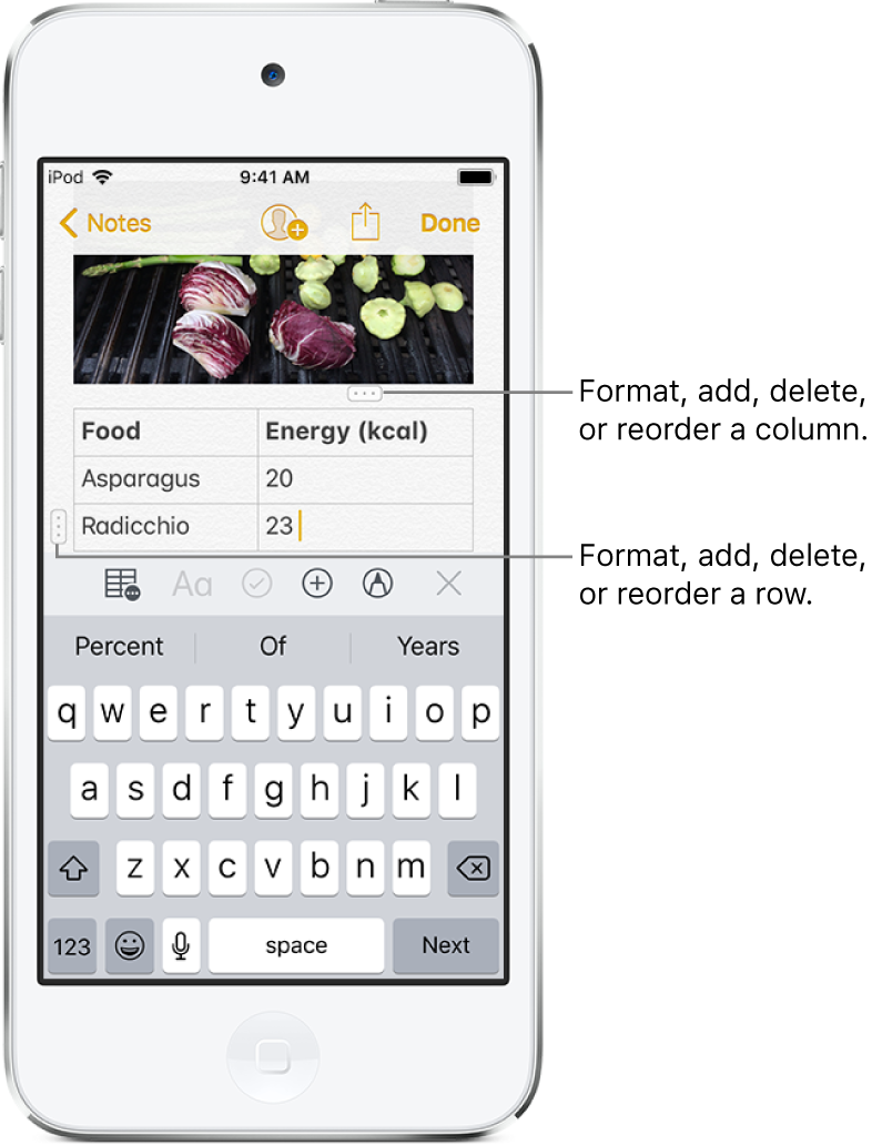 A note with a table. The top of a column shows the column handle, which you tap to format, add, delete, or reorder the column. Similarly, the beginning of a row shows the row handle.