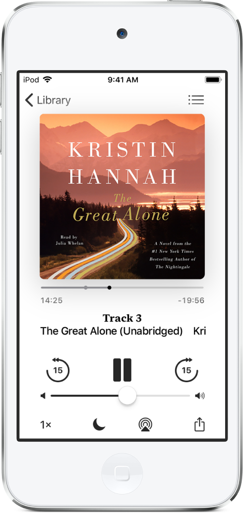 The audiobook player screen showing the audiobook cover at the top. Below the cover are the playhead, track number, author and audiobook name, and the play, pause, and skip forward or back controls. At the bottom of the screen, from left to right, are the Playback Speed button, Sleep Timer button, Playback Destination button, and Share button. The Track List button is at the top right and the Close button is at the top left.