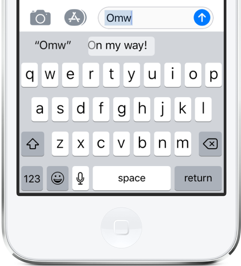 A message with the text shortcut OMW typed and “On my way!” suggested below.