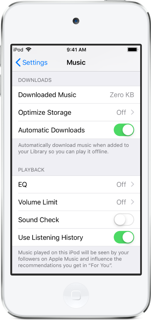 The Music screen in Settings showing Automatic Downloads turned on.