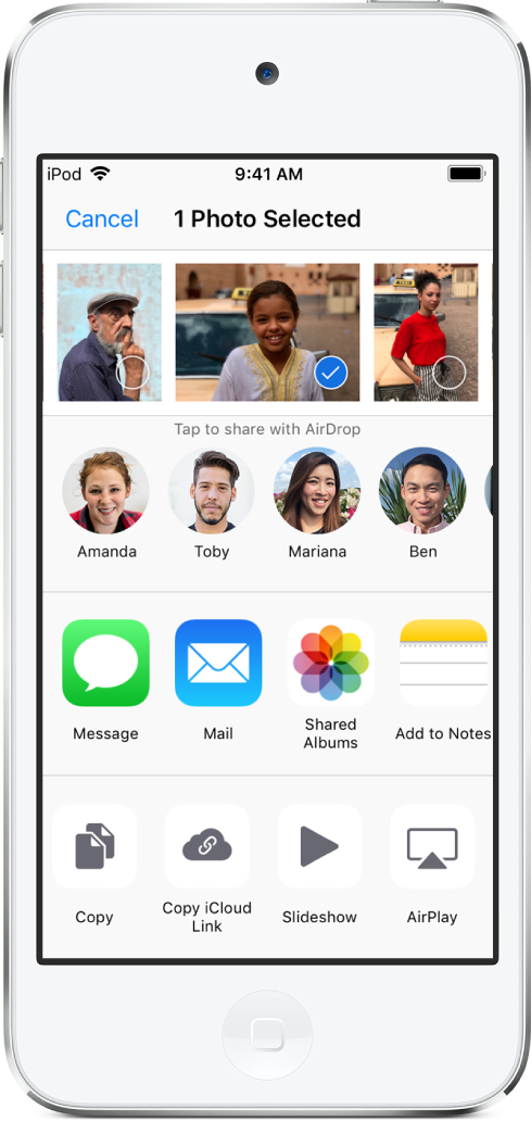 The Sharing screen with photos across the top; one photo is selected, indicated with a white checkmark in a blue circle. The row beneath the photos shows friends you can share with using AirDrop. Below that are other sharing options, including, from left to right, Messages, Mail, Shared Albums, and Add to Notes. In the bottom row are the Copy, Copy iCloud Link, Slideshow, and AirPlay buttons.