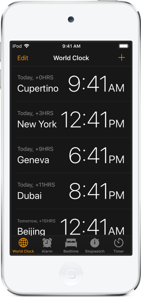 The World Clock tab, showing the time in various cities. Tap Edit in the upper left to arrange the clocks. Tap the Add button in the upper right to add more. Alarm, Bedtime, Stopwatch, and Timer buttons are along the bottom.