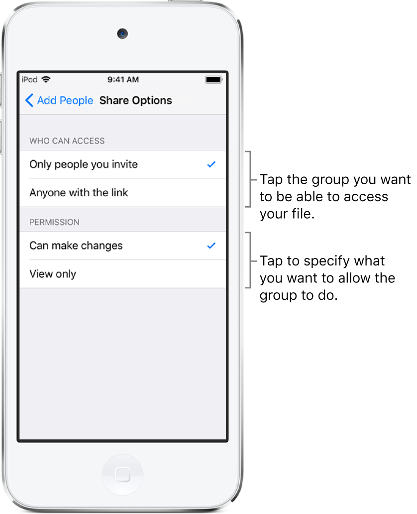 The Share Options screen, showing the permissions you can set for the shared file. At the top are options for who can access the file (only people you invite or anyone who has a link to the file). Below that are the actions you want to allow for those people (make changes to the file or only view it).