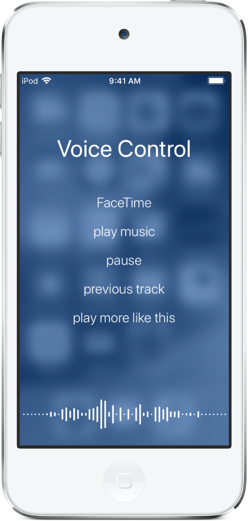 The Voice Control screen, showing examples of commands you can use. A waveform appears along the bottom of the screen.