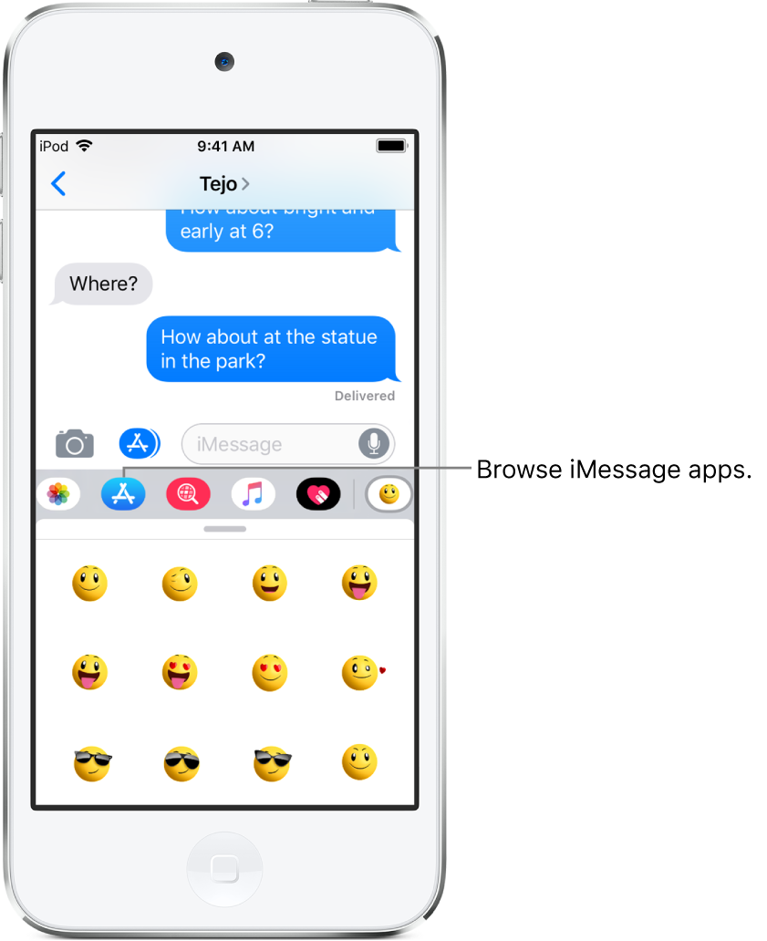 A Messages conversation, with the iMessage App Browser button selected. The open app drawer shows smiley stickers.