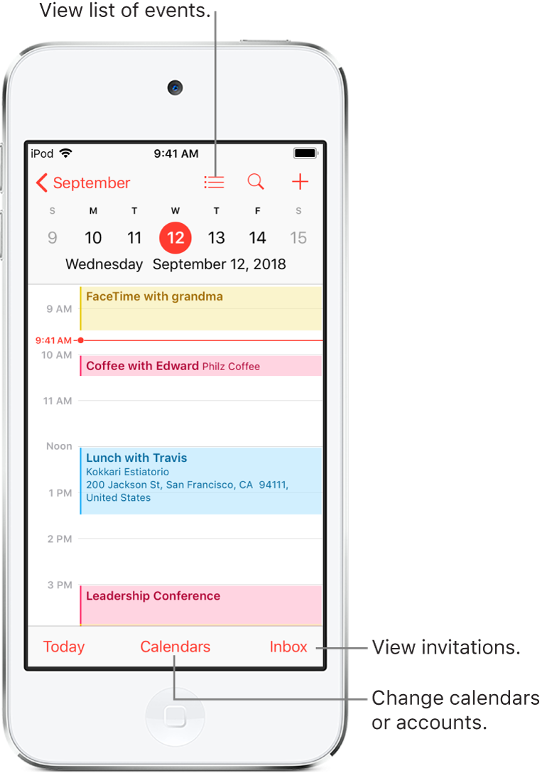 A calendar in day view showing the day’s events. Tap the Calendars button at the bottom of the screen to change calendar accounts. Tap the Inbox button at the bottom right to view invitations.