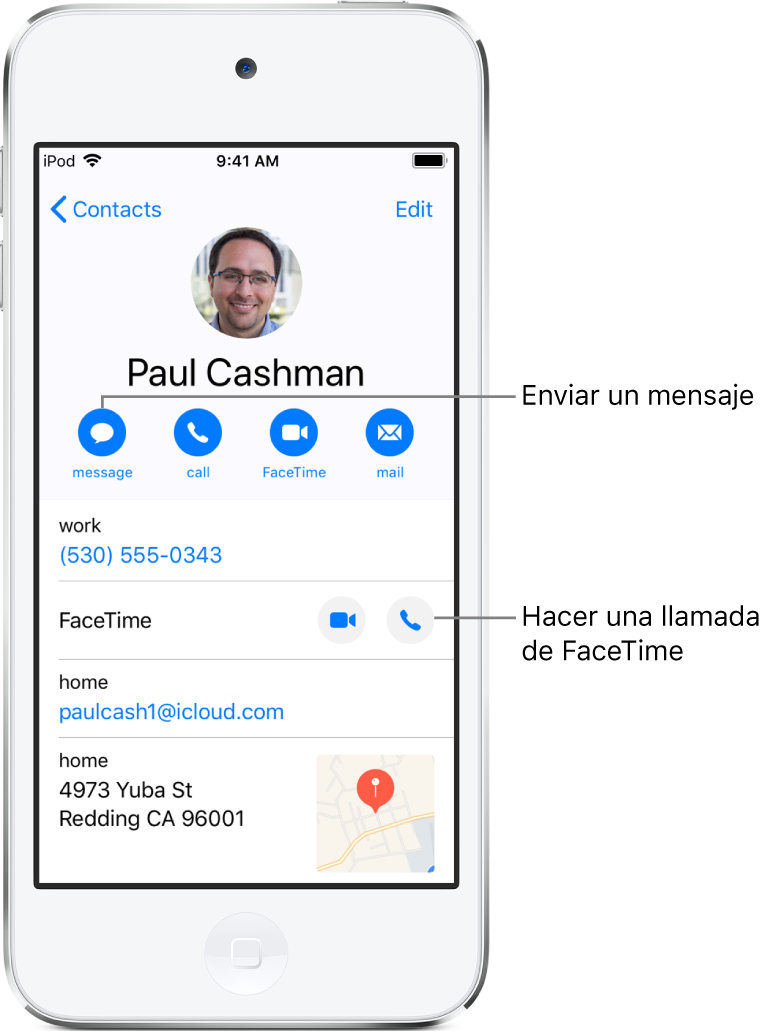 Pantalla de información de un contacto. En la parte superior, figuran el nombre y la foto del contacto. Debajo se encuentran los botones para enviar un mensaje, hacer una llamada de teléfono, hacer una llamada FaceTime y enviar un mensaje de correo electrónico. Debajo de los botones, está la información de contacto.