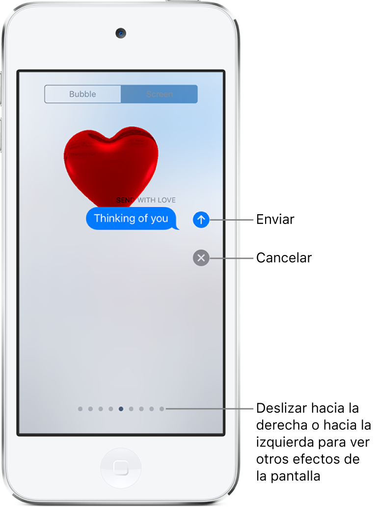 Vista previa de un mensaje con un efecto de pantalla completa con un corazón rojo.