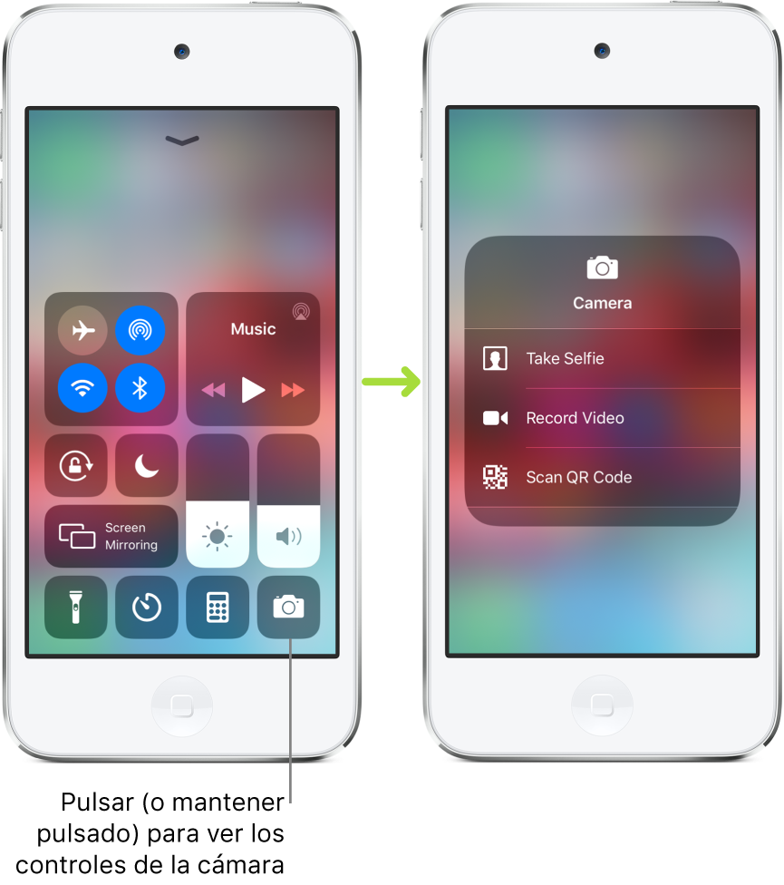 Dos pantallas de centro de control en paralelo; la de la izquierda muestra los controles del modo Avión, datos móviles, Wi-Fi y Bluetooth en el grupo de arriba a la izquierda, y un texto indica que debes mantener pulsado (o pulsar fuerte) el control Cámara para ver más controles de Cámara. La pantalla de la derecha muestra opciones adicionales para Cámara: “Hacer un selfie”, “Grabar vídeo” y “Escanear código QR”.