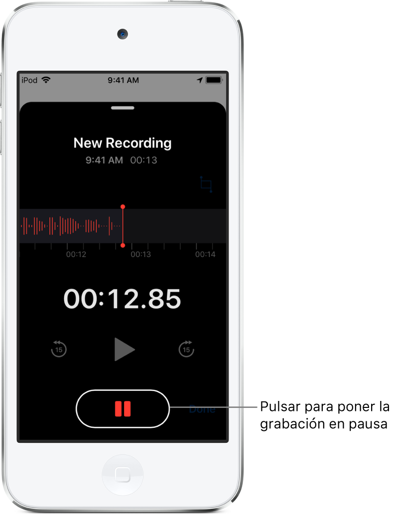 Pantalla de Notas de Voz con una grabación en proceso, con un botón Pausa activo y controles atenuados para reproducir, avanzar rápido 15 segundos y retroceder 15 segundos. La parte principal de la pantalla muestra la forma de onda de la grabación en curso, junto con el indicador de tiempo.