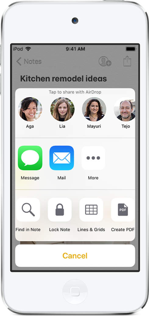 La pantalla de compartir con opciones para compartir una nota con AirDrop o mediante Mensajes o Mail.