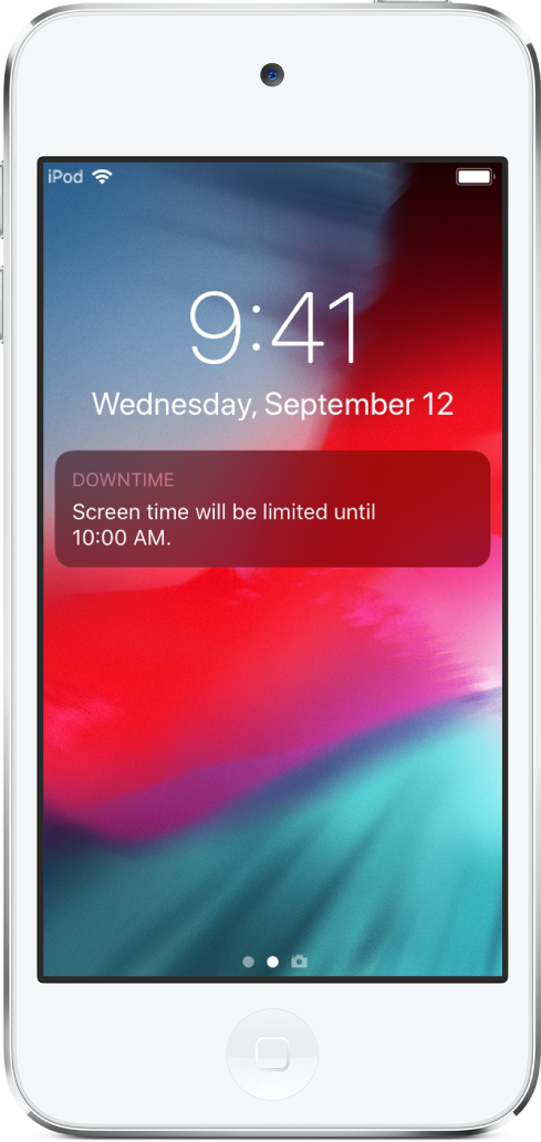Pantalla bloqueada del iPod touch con una notificación de “Tiempo de inactividad”, que indica que el tiempo de uso está limitado hasta las 10 de la mañana.