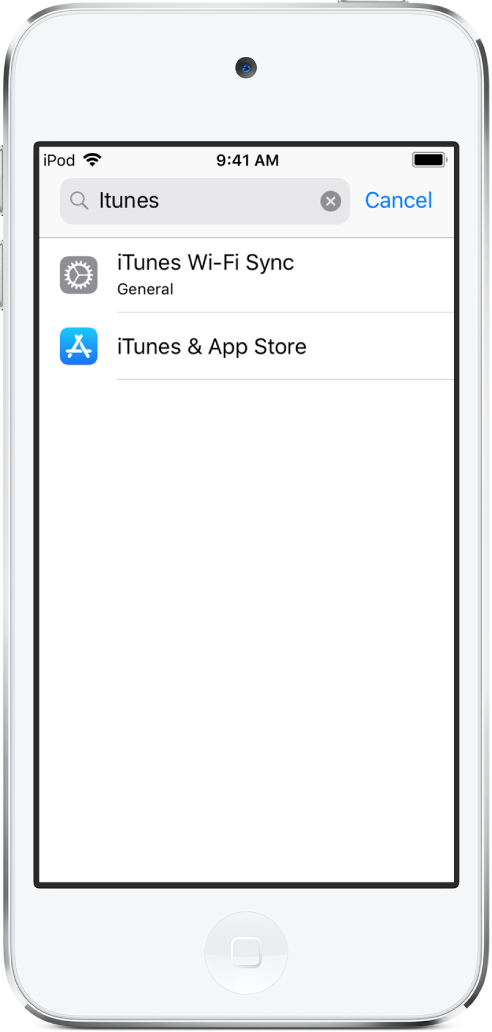 Pantalla para buscar ajustes, con el campo de búsqueda en la parte superior de la pantalla. El campo de búsqueda contiene la cadena de búsqueda “iTunes”, y debajo la lista muestra dos ajustes encontrados.