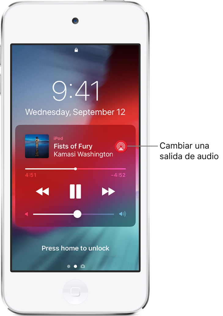La pantalla bloqueada con una canción en reproducción, los controles de reproducción de audio y el botón “Destino de la reproducción”.