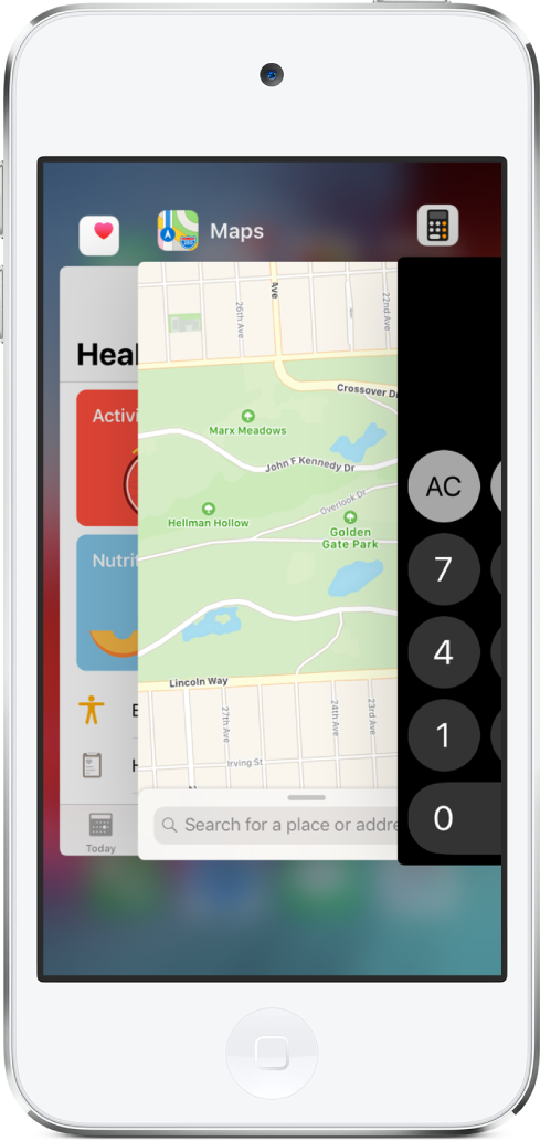 El selector de app. Los iconos de las apps abiertas aparecen en la parte superior y, debajo de cada icono, se muestra la pantalla actual de la app correspondiente.