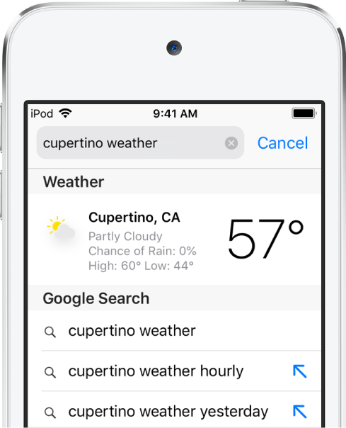 En la parte superior de la pantalla se encuentra el campo de búsqueda de Safari, que contiene el texto “tiempo en Cupertino”. Debajo del campo de búsqueda hay un resultado de la app Tiempo, que muestra el tiempo y la temperatura actuales en Cupertino. Debajo de ese resultado, hay resultados de búsqueda de Google, como “tiempo en Cupertino”, “tiempo en Cupertino por horas” y “tiempo en Cupertino ayer”. A la derecha de cada resultado, una flecha azul enlaza con cada página concreta de resultados de búsqueda.