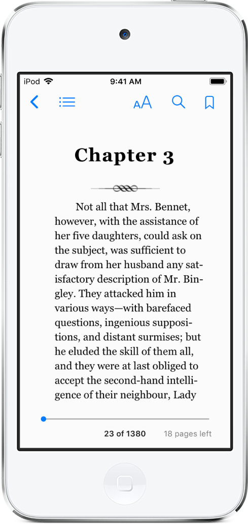 Página de un libro abierto en la app Libros. En la parte superior de la pantalla, de izquierda a derecha, se muestran botones para cerrar el libro, ver el índice, cambiar el texto, buscar y poner marcadores. Hay un regulador en la parte inferior de la pantalla.