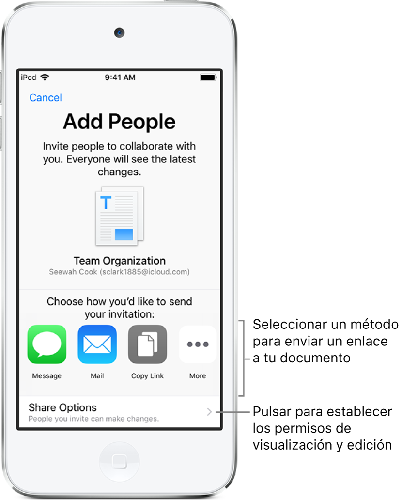 Pantalla para invitar a personas a que vean y editen tu archivo. Entre los métodos para enviar la invitación se incluyen Mensaje y Correo. Las opciones para compartir se muestran debajo.