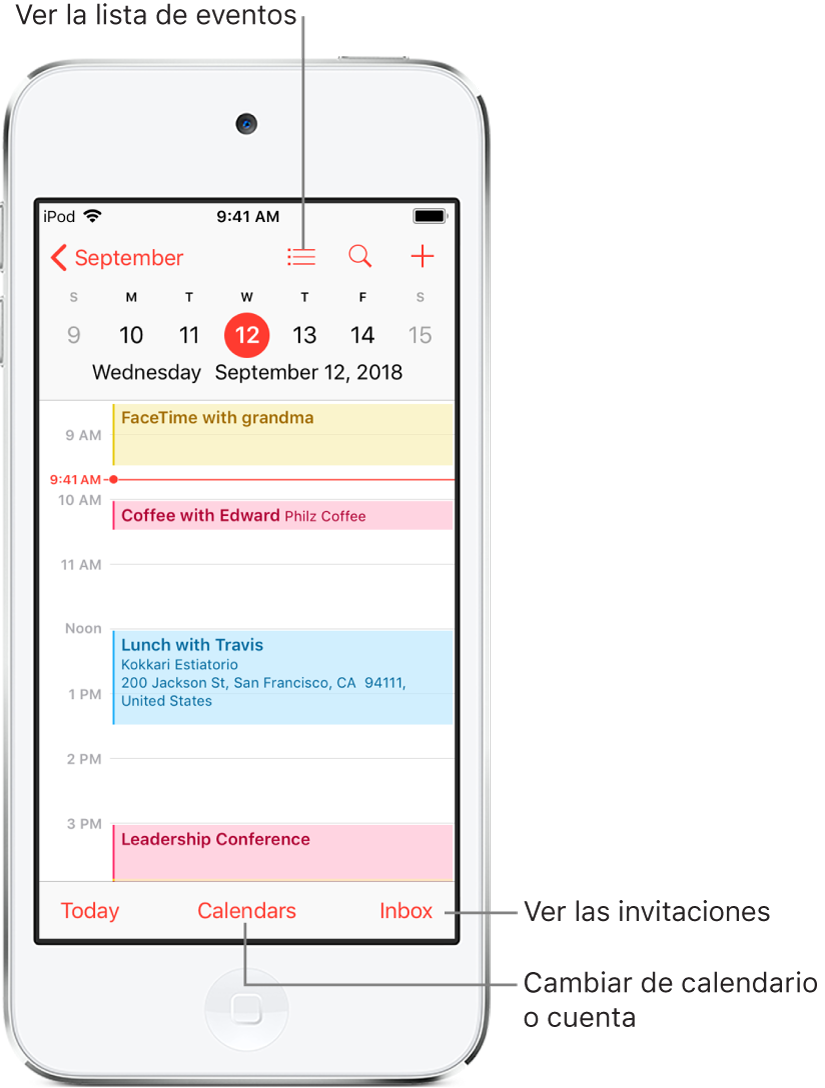 Calendario en la visualización diaria con los eventos del día. Pulsa el botón Calendarios de la parte inferior de la pantalla para cambiar las cuentas de calendarios. Pulsa el botón Entrada situado en la parte inferior derecha para ver las invitaciones.