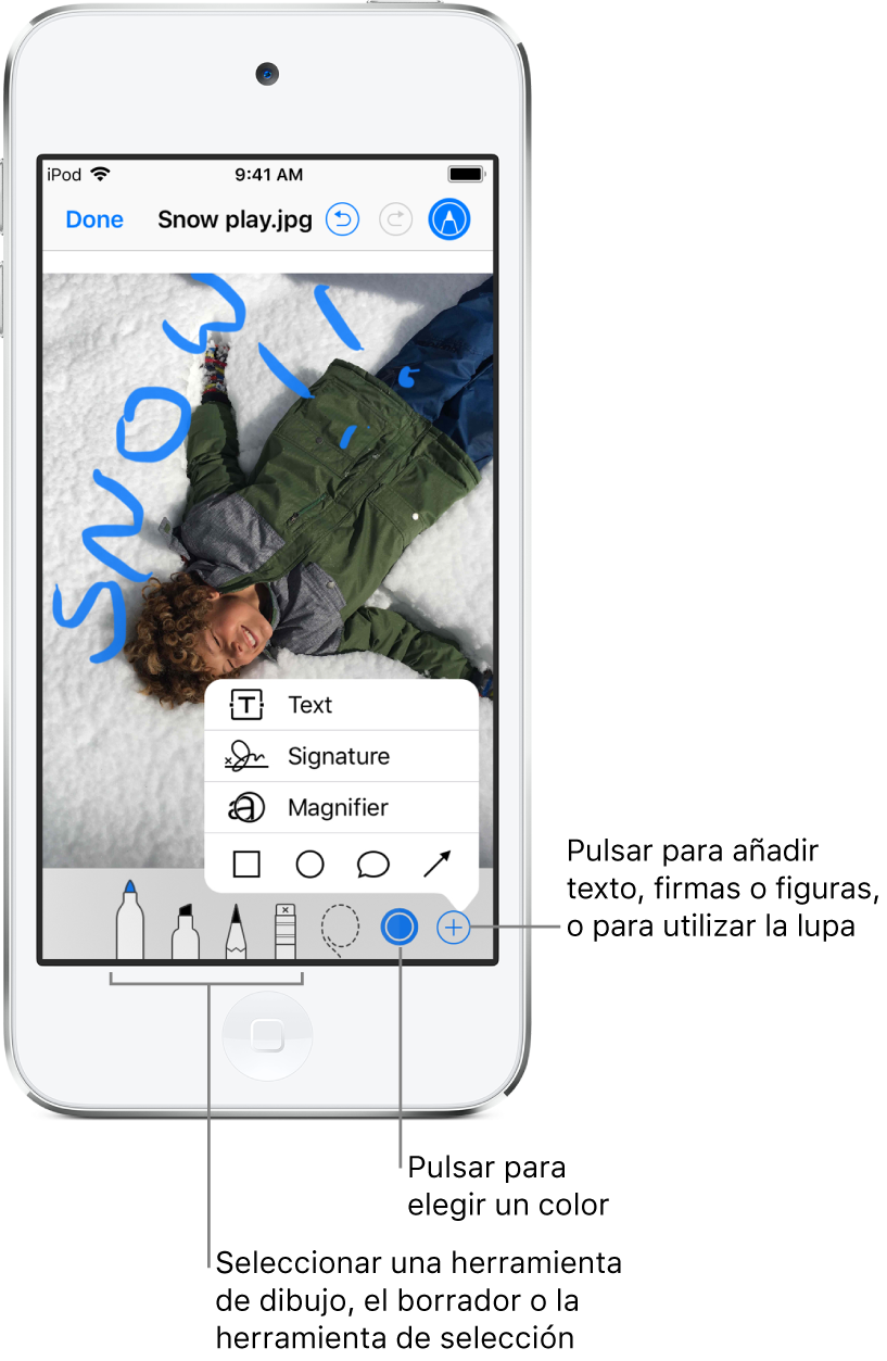Una imagen en la ventana Marcación. Debajo de la imagen, de izquierda a derecha, se encuentran los botones de las herramientas de Marcación: bolígrafos, borrador, herramienta de selección, colores, botones para añadir un cuadro de texto, tu firma y figuras, y otro para seleccionar la lupa.