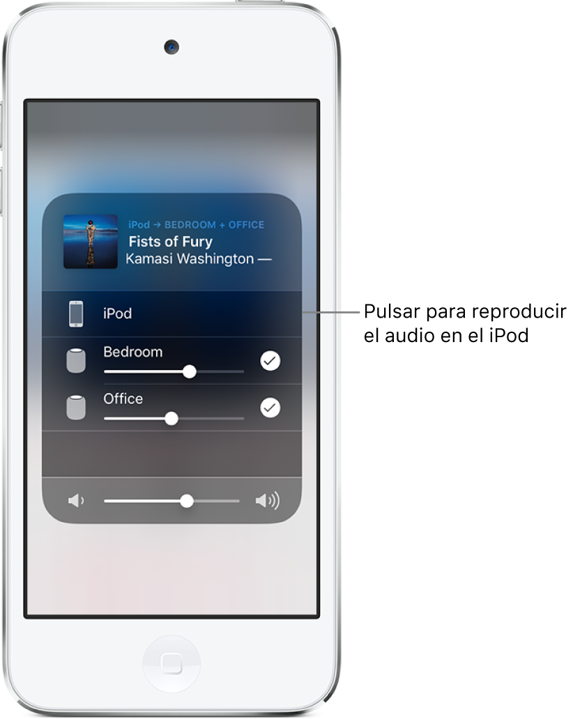 Se abre una ventana de AirPlay que muestra el título de una canción y el nombre del artista en la parte superior, con un regulador de volumen en la parte inferior. El altavoz del dormitorio y el del despacho están seleccionados. Hay un texto que señala al iPod touch e indica “Pulsar para cambiar el audio al iPod”.