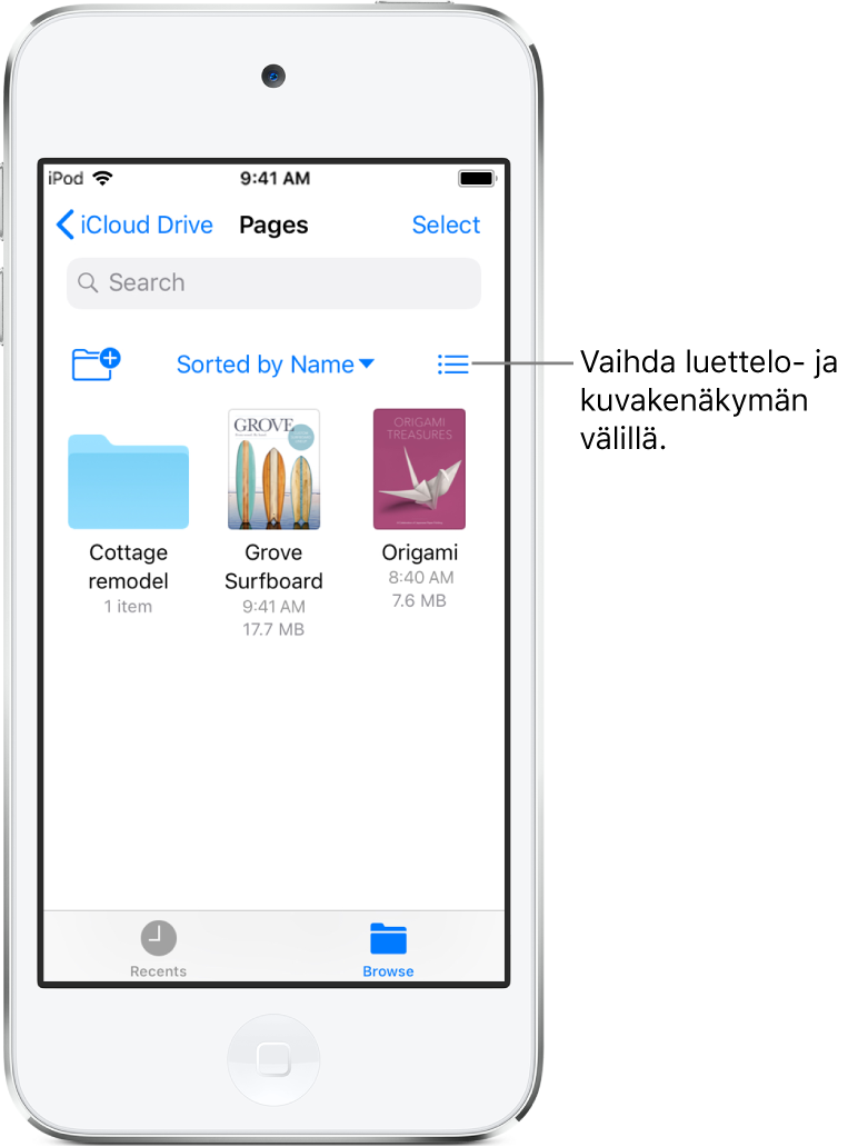 Pages-tiedostojen sijainti iCloud Drivessa. Kohteet on järjestetty nimen perusteella ja ne ovat kansio nimeltä Mökkiremontti sekä seuraavat kaksi dokumenttia: Grove-surffilauta ja Origami.