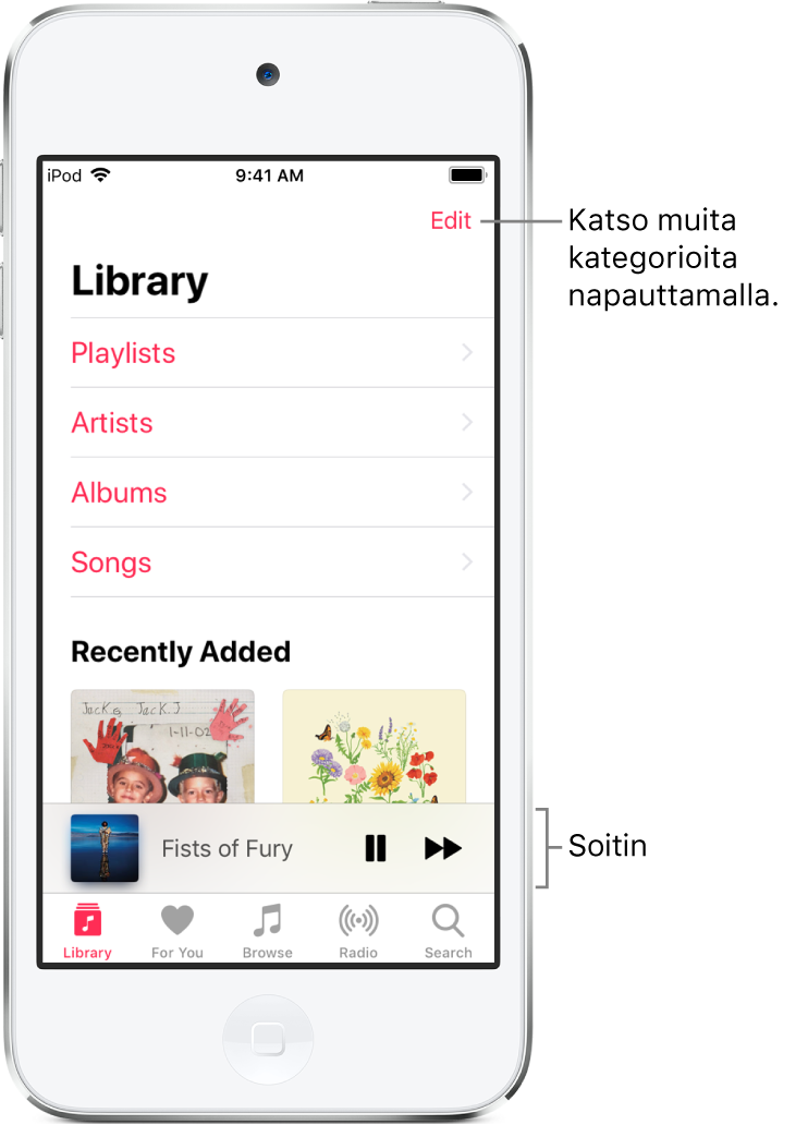 Kirjasto-näyttö, jossa näkyvä kategorialuettelo sisältää kategoriat Soittolistat, Artistit, Albumit ja Kappaleet. Äskettäin lisätyt ‑otsikko näkyy luettelon alapuolella. Soitin, jossa näkyvät nykyisen kappaleen nimi sekä Tauko- ja Seuraava-painikkeet alareunan lähellä.