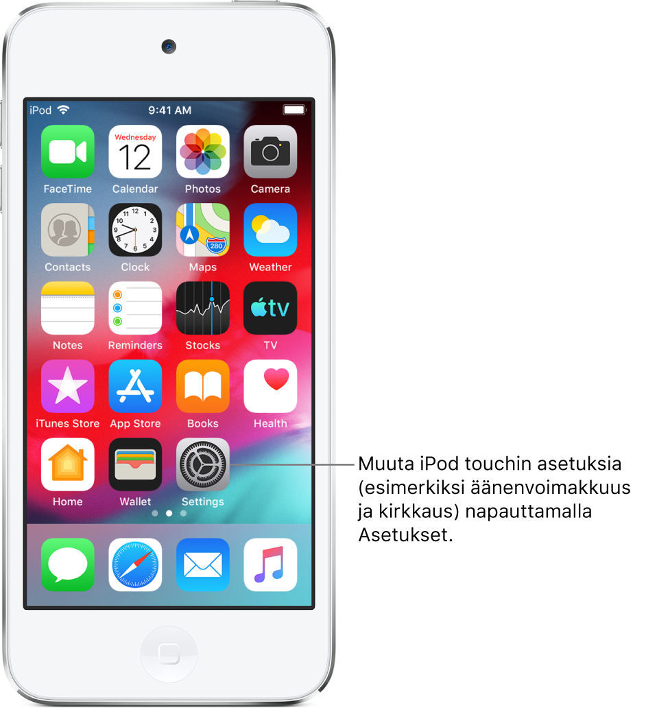 iPod touchin Koti-valikko, jossa näkyy useita kuvakkeita, muun muassa Asetukset-kuvake, jota napauttamalla voit muuttaa esimerkiksi iPod touchin äänenvoimakkuutta ja näytön kirkkautta.