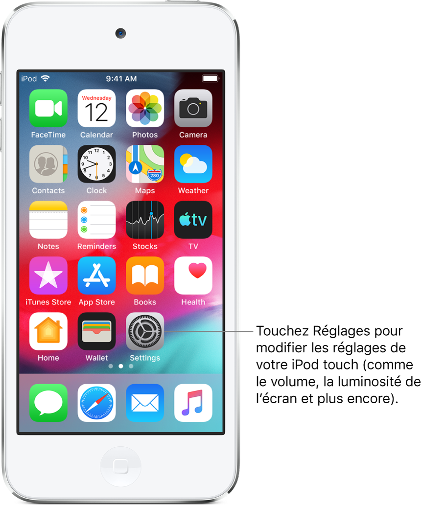 L’écran d’accueil avec plusieurs icônes, notamment l’icône Réglages, que vous pouvez toucher pour modifier le volume, la luminosité de l’écran et d’autres réglages de votre iPod touch.