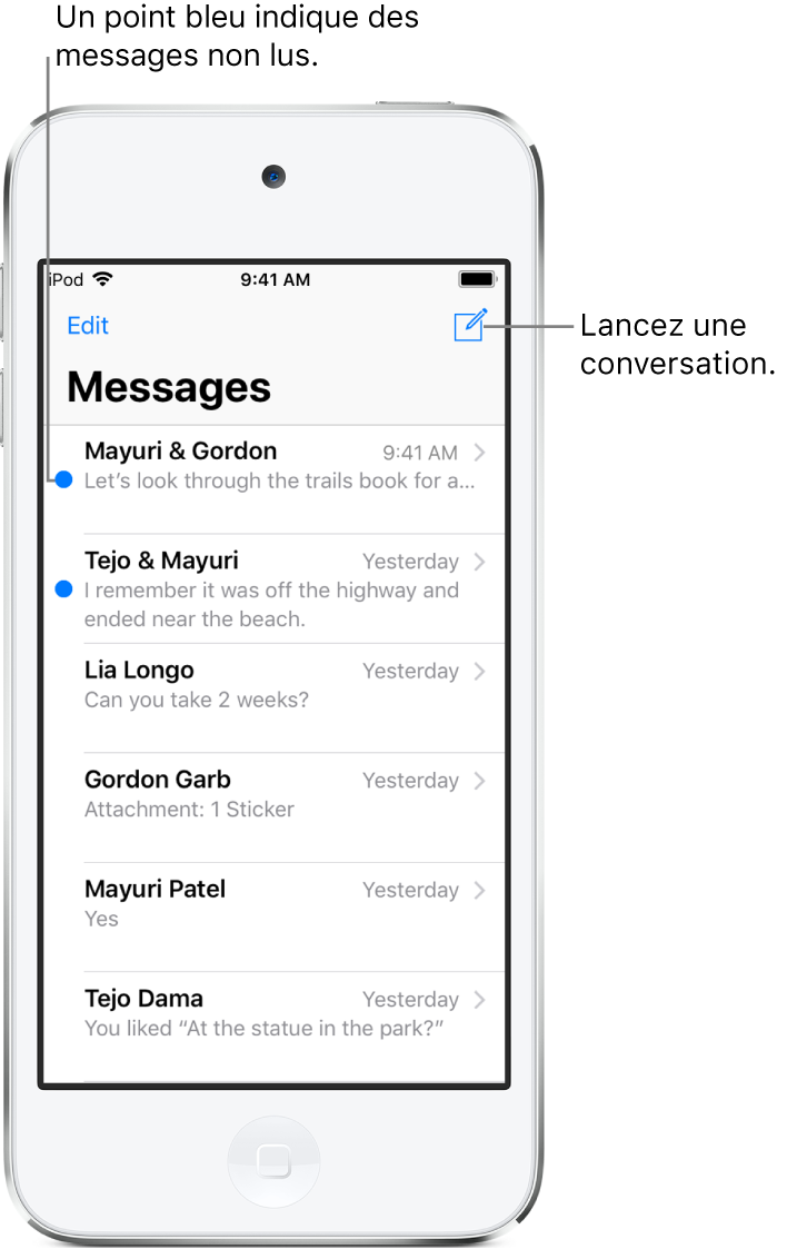 La liste Messages, le bouton Modifier en haut à gauche et le bouton Rédiger en haut à droite. Un point bleu à gauche d’un message indique que celui-ci n’a pas été lu.