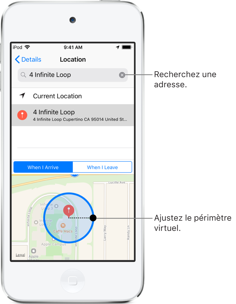 Les détails d’un lieu pour un rappel. En haut de l’écran se trouve le champ de recherche, qui contient une adresse. L’adresse du lieu trouvée dans les résultats de recherche est affichée en dessous. Au bas de l’écran se trouve un plan présentant un périmètre virtuel autour du lieu. Sur le bord droit du périmètre virtuel apparaît un point que vous pouvez faire glisser pour ajuster la taille du périmètre virtuel.