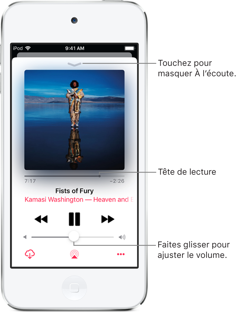 L’écran À l’écoute avec l’illustration de l’album. En dessous se trouvent la tête de lecture, le titre du morceau, le nom de l’artiste et celui de l’album, les commandes de lecture, le curseur de volume, le bouton Télécharger, le bouton Destination pour la lecture et le bouton Plus. Le bouton pour masquer À l’écoute se trouve en haut.