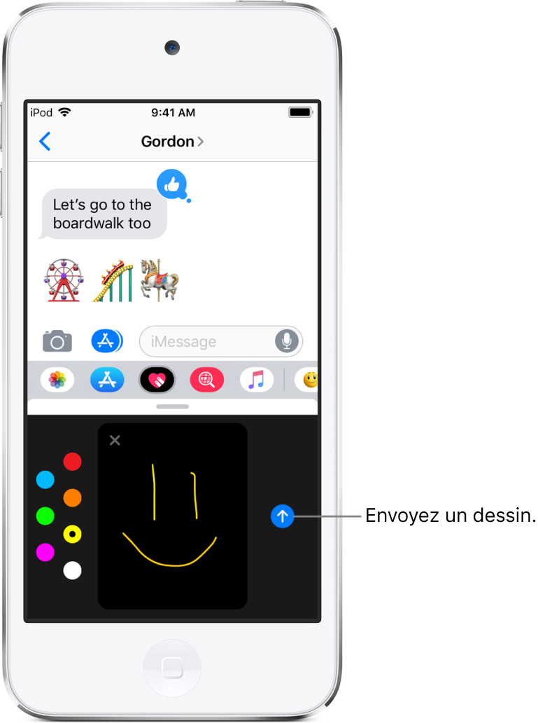 Une fenêtre Messages avec l’écran Digital Touch en bas. Les choix de couleurs se situent à gauche, le canevas de dessin se trouve au centre et le bouton Envoyer se trouve à droite.