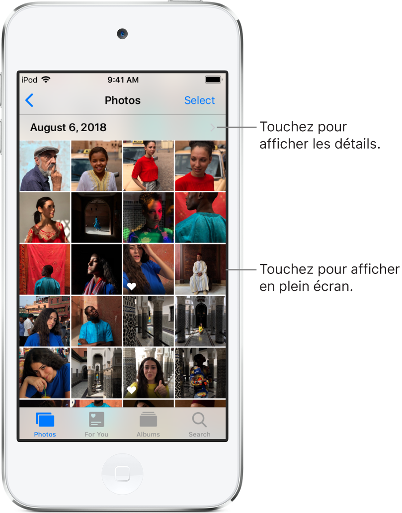 L’app Photos ; en bas de l’écran, de gauche à droite, se trouvent les onglets Photos, Pour vous, Albums et Rechercher. L’onglet Photos est sélectionné et l’écran au-dessus affiche une grille de vignettes de photo regroupées en moments. Au-dessus de chaque moment se trouve la date à laquelle les photos ont été prises. Touchez la date pour afficher les détails du moment. Touchez la vignette d’une photo pour afficher celle-ci en plein écran.