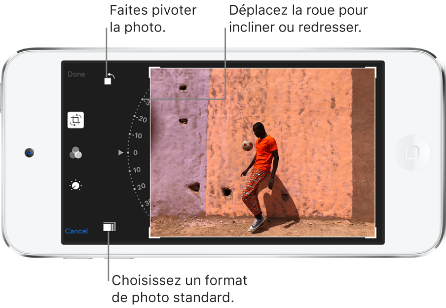 Une photo avec les commandes de recadrage affichées à l’écran.