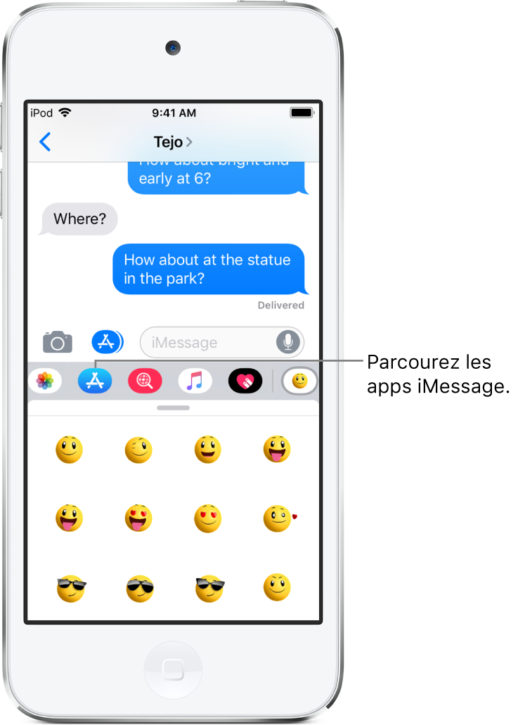 Une conversation Messages, avec le bouton Navigateur d’apps iMessage sélectionné. Le tiroir d’apps ouvert affiche des autocollants d’émoticônes.