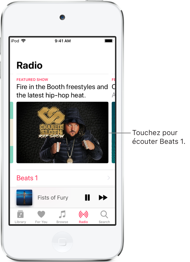 L’écran de Radio présentant Beats 1 en haut. Beats 1 et les stations de radio apparaissent en dessous.