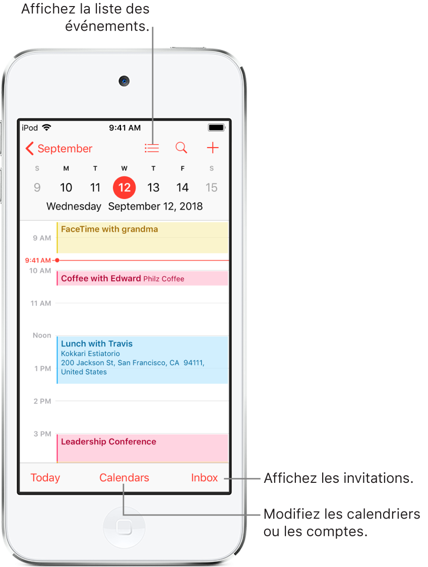 Un calendrier en présentation par jour montrant les événements du jour. Touchez le bouton Calendriers en bas de l’écran pour changer de compte de calendrier. Touchez le bouton Notifications en bas à droite pour afficher les invitations.