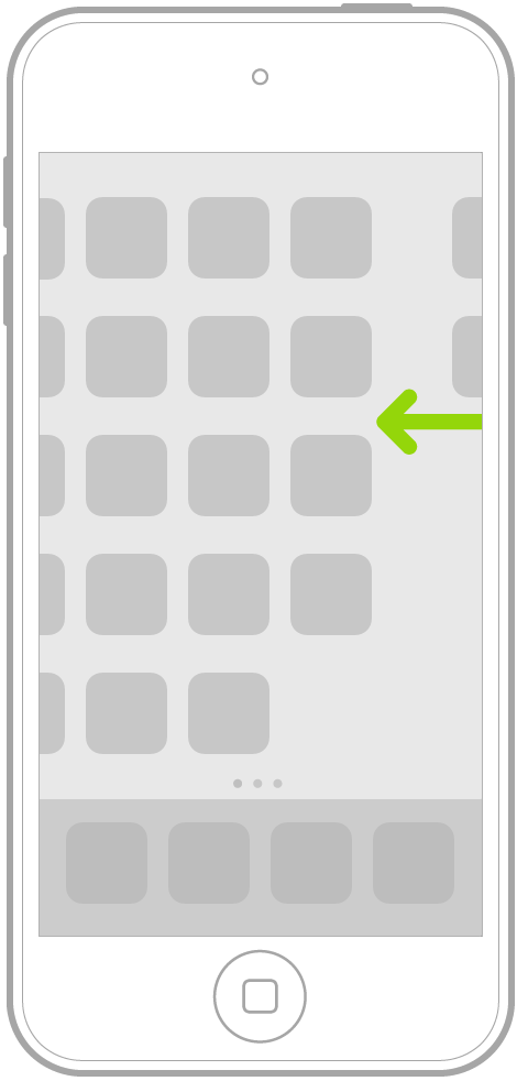 Une illustration affichant un geste de balayage pour parcourir les apps sur les autres pages de l’écran d’accueil.