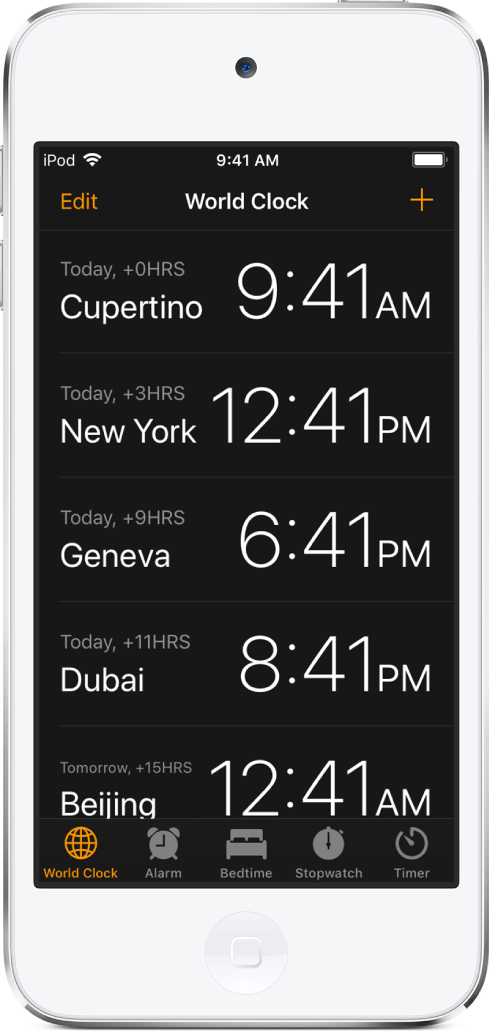 L’onglet Horloges, affichant l’heure dans différentes villes. Touchez Modifier dans le coin supérieur gauche pour organiser les horloges. Touchez le bouton Ajouter en haut à droite pour en ajouter d’autres. Les boutons Alarme, Coucher, Chronomètre et Minuteur se trouvent en bas de l’écran.