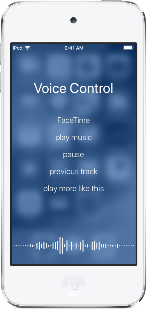 Écran de Contrôle vocal, montrant des exemples de commandes que vous pouvez utiliser. Une forme représentant une onde sonore apparaît au bas de l’écran.